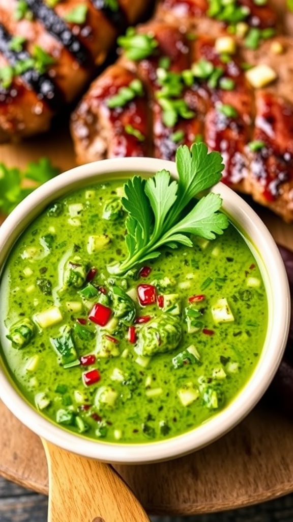 A bright green bowl of chimichurri sauce with garlic and parsley, alongside a grilled steak.